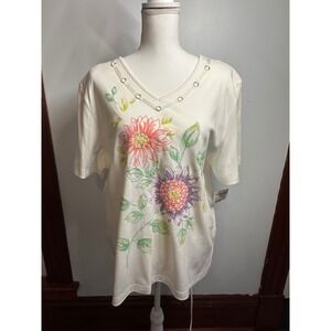 Alfred Dunner Womens XL White Floral Beaded V-Neck Short Sleeve Top NWT 35550